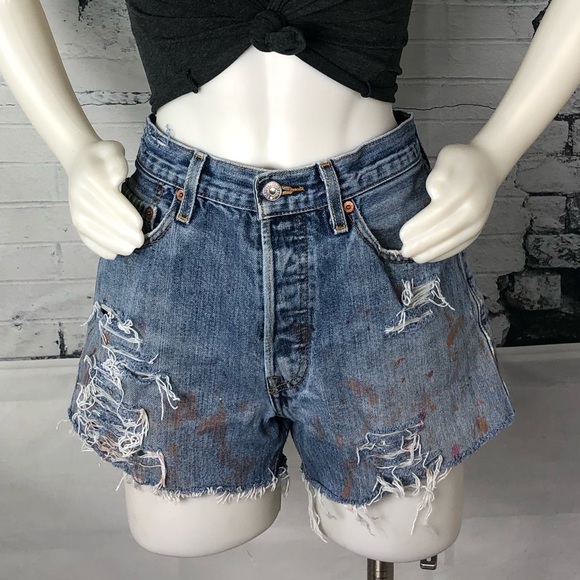 Levi’s 501’s Distressed Denim Shorts Paint 1266 - Picture 1 of 11